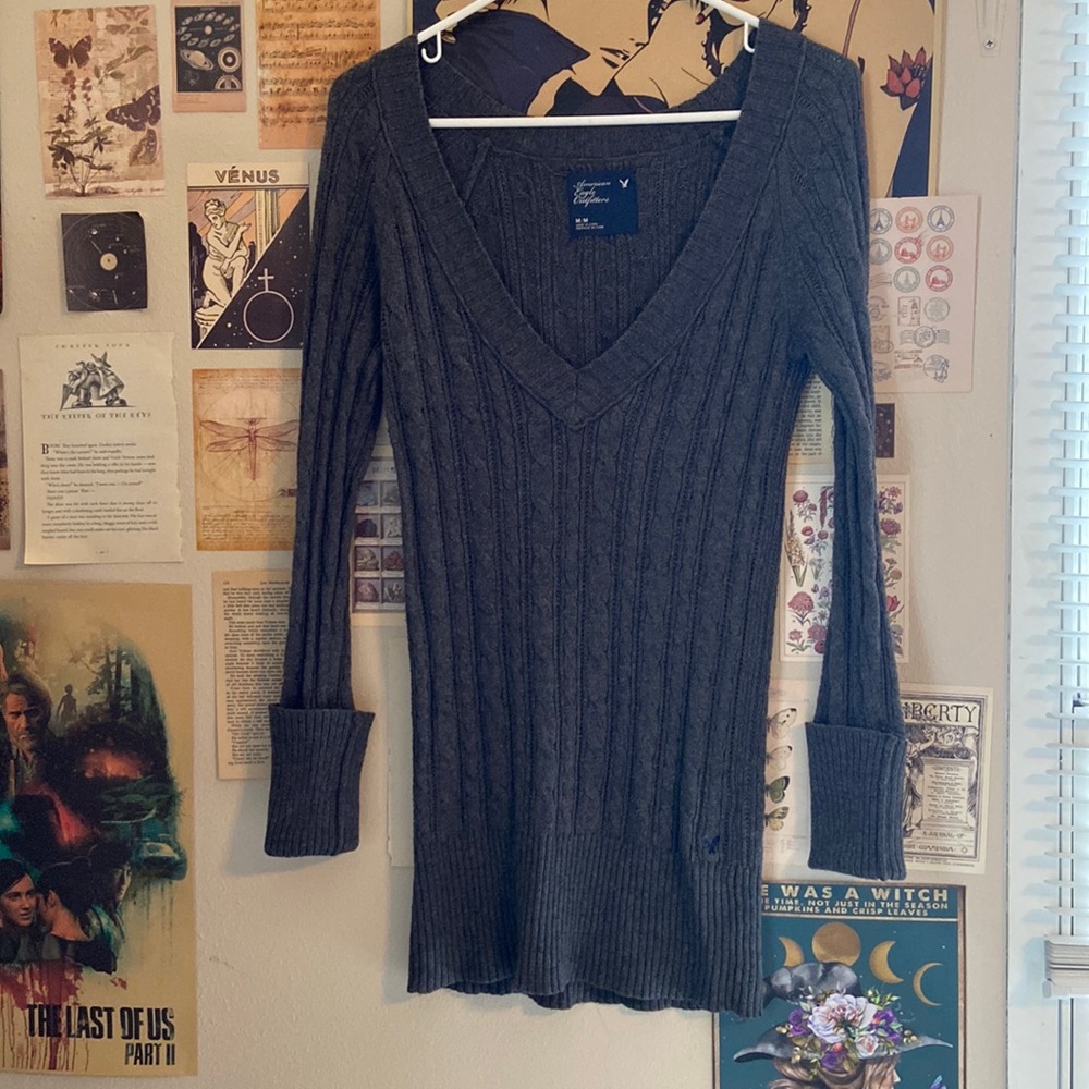 American Eagle Grey Knit Long Sweater y2k